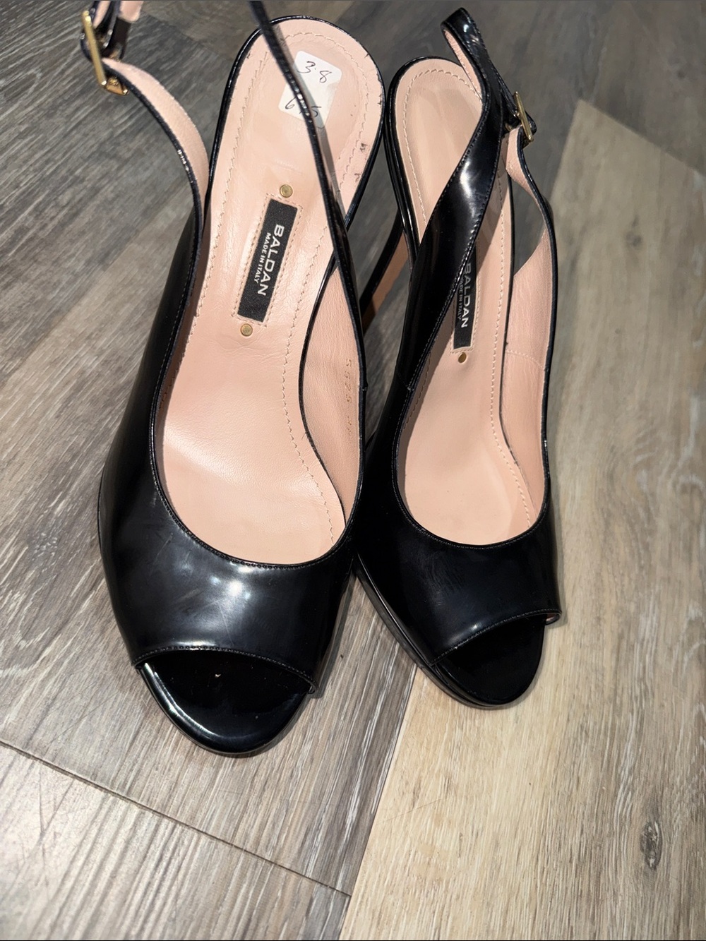 Baldan Black Patent Leather Peep-Toe Slingback Heels